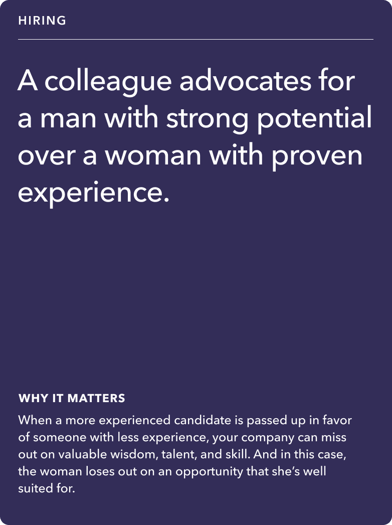 Front of card: Situation - A colleague advocates for a man with strong potential over a woman with proven experience. 