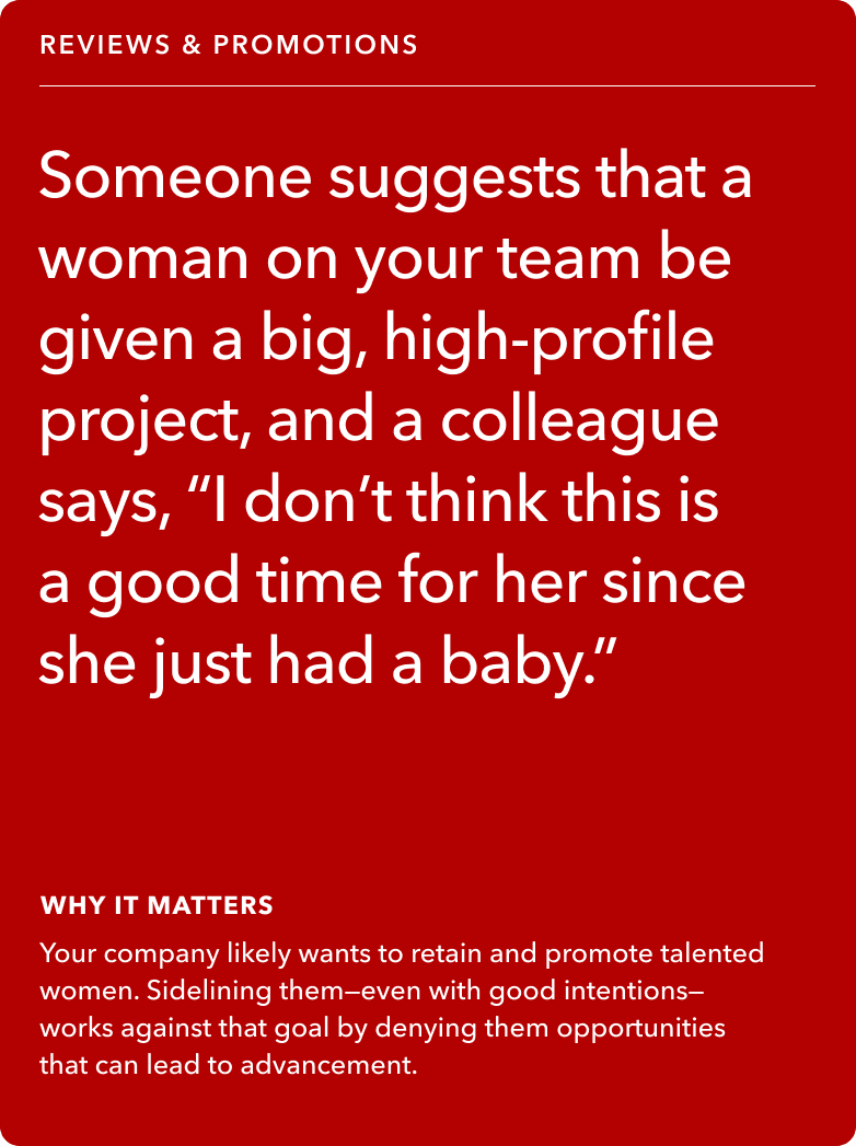 Front of card: Situation - Someone suggests that a woman on your team be given a big, high-profile project, and a colleague says, “I don’t think this is a good time for her since she just had a baby.”
