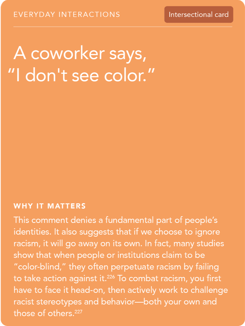 Front of card: Situation - A coworker says, “I don’t see color.” 