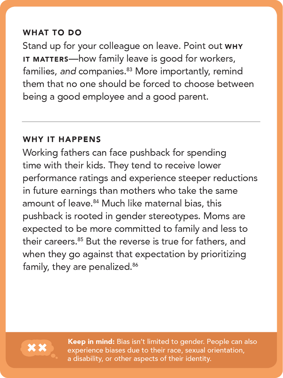 Back of card: What to do - stand up for your colleague on leave. Point out why it matters - how family leave is good for workers, families, and companies.