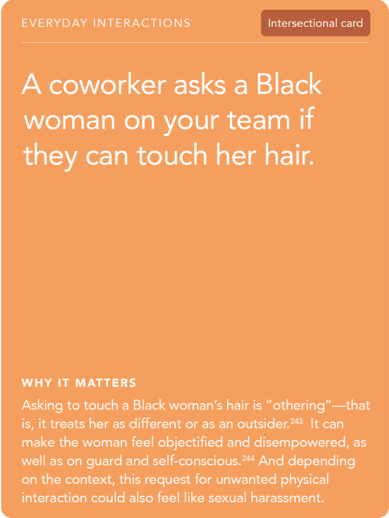 Front of card: Situation - A coworker asks a Black woman on your team if they can touch her hair. 